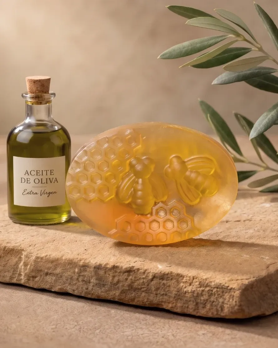 Jabón de glicerina y oliva, ovalado y translúcido, junto a una botella de aceite de oliva y una rama de olivo